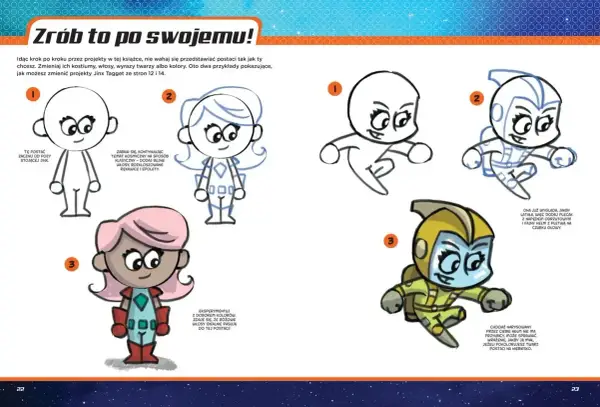 Rysunek przedstawia trzy etapy tworzenia postaci: szkic, dodanie detali i kolorowanie. Idący człowiek w różnych stylach.