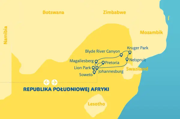 Mapa turystyczna południowej Afryki, pokazująca trasę przez Botswanę, RPA, Zimbabwe, Mozambik i Swazi.