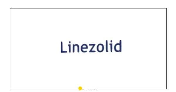 Napis "Linezolid" w kolorze granatowym na białym tle. Pod napisem znajduje się żółta kropka i fragment tekstu.