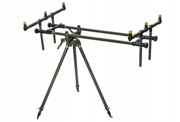 Solidny, zielony rod pod z trzema nogami, idealny do stabilnego ustawienia wędki.