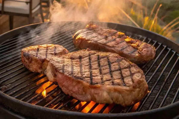 Deux picanhas de boeuf grillent sur un barbecue, dégageant une fumée appétissante. Les marques de grill sont parfaites.