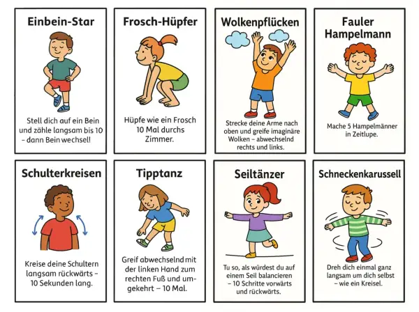 Bewegungsspiele Grundschule: Kinder üben Einbein-Star, Frosch-Hüpfer, Wolkenpflücken, Fauler Hampelmann, Schulterkreisen, Tipptanz, Seiltänzer und Schneckenkarussell.