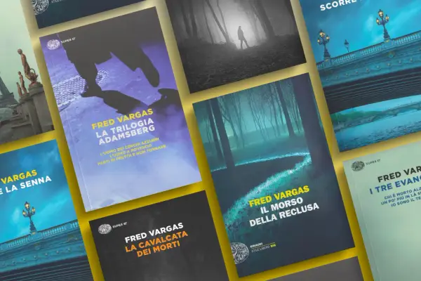 Copertine di libri di Fred Vargas, tra cui "La trilogia Adamsberg" e "Il morso della reclusa", che evocano mistero e suspense.