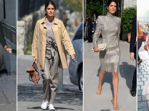 Sofia Palazuelo luce elegante con un vestido plateado y un bolso de mano. En otra imagen, lleva un look casual con gabardina y pantalones de cuero.