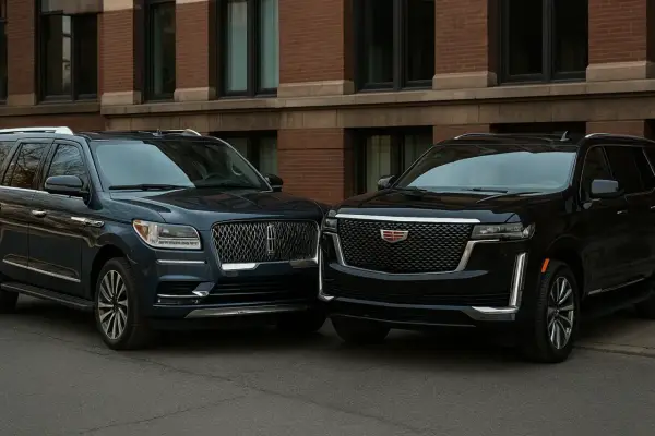 Dwa luksusowe SUV-y, granatowy Lincoln Navigator i czarny Cadillac Escalade, stoją obok siebie na tle ceglanego budynku.