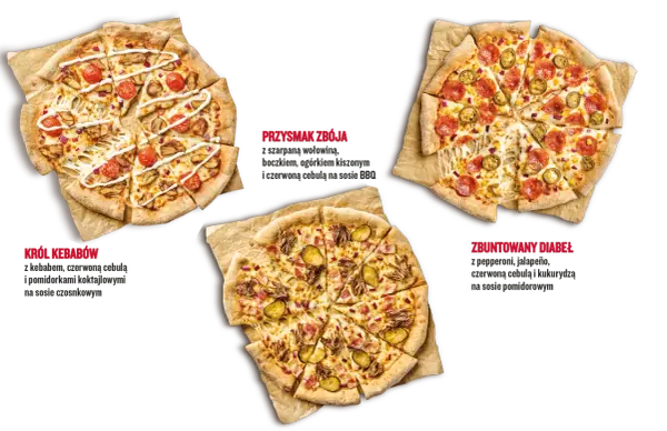 Trzy pyszne pizze, idealne na festiwal pizzy: Król Kebabów, Przysmak Zbója i Zbuntowany Diabeł.
