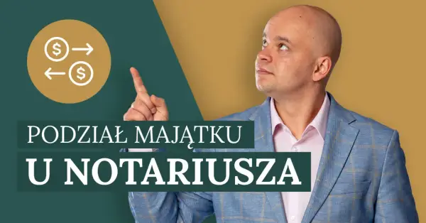Mężczyzna w garniturze wskazuje na ikonę symbolizującą podział majątku. Czy można podważyć akt notarialny podziału majątku?