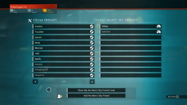 Interfejs gry No Man's Sky z listą znajomych Steam i No Man's Sky, pokazujący możliwości crossplay.