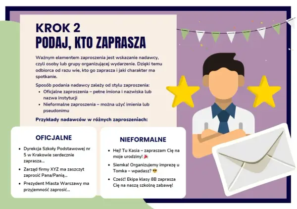 Jak się pisze zaproszenie? Krok 2: podaj, kto zaprasza. Oficjalne i nieformalne przykłady nadawców.