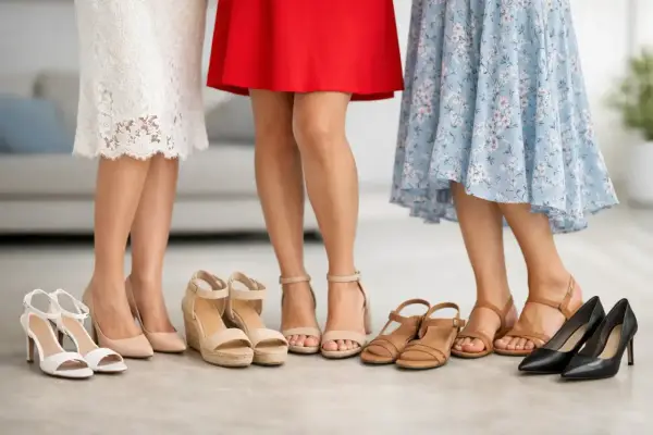 Tres mujeres con vestidos (blanco, rojo, floral) eligen zapatos. Ideas para como combinar zapatos con vestidos.