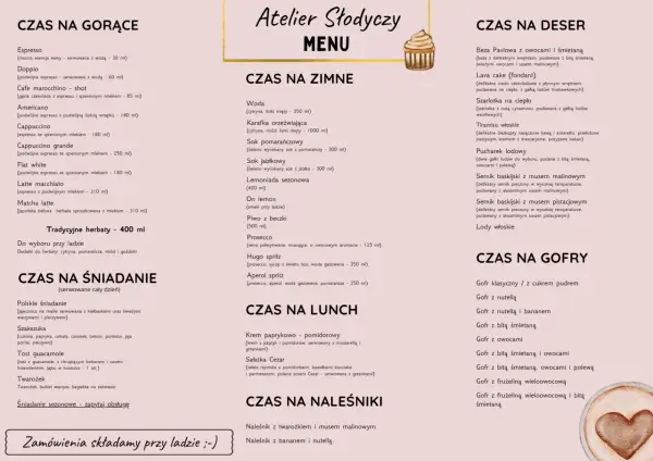 Menu kawiarni "Atelier Słodyczy" z napojami, deserami, śniadaniami i naleśnikami.
