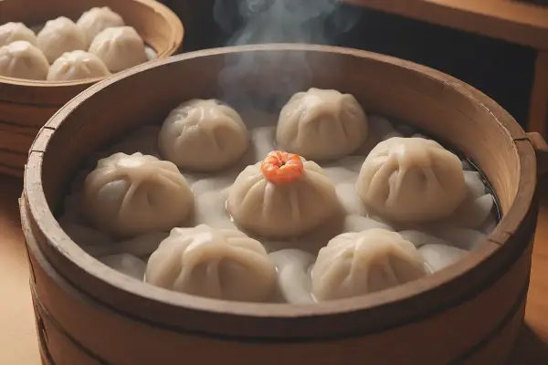 Parujące pierożki dim sum w bambusowym parowniku, jeden z krewetką na wierzchu.