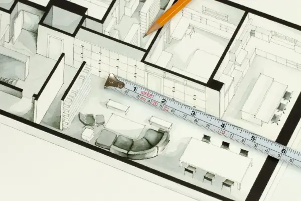 Plan architektoniczny z meblami, miarką i ołówkiem. Obliczanie powierzchni użytkowej to klucz do funkcjonalnego wnętrza.