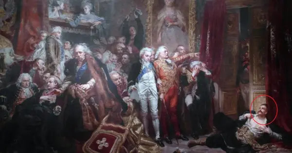 Tadeusz z obrazu Matejki, leżący na ziemi, z uniesioną głową i ręką na piersi, w otoczeniu innych postaci.