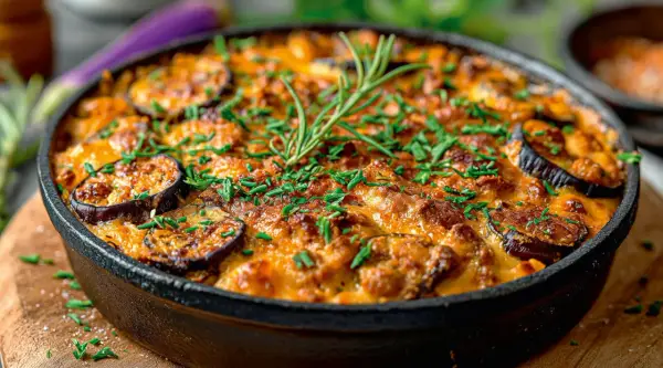 Ein köstlicher griechischer Auflauf Moussaka, mit Auberginenscheiben, Hackfleisch und Käse überbacken, garniert mit Rosmarin und Schnittlauch.