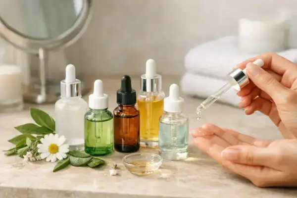 Plusieurs flacons de sérums, dont un avec une pipette déposant une goutte sur une main. Aide à choisir quel sérum choisir pour votre peau.