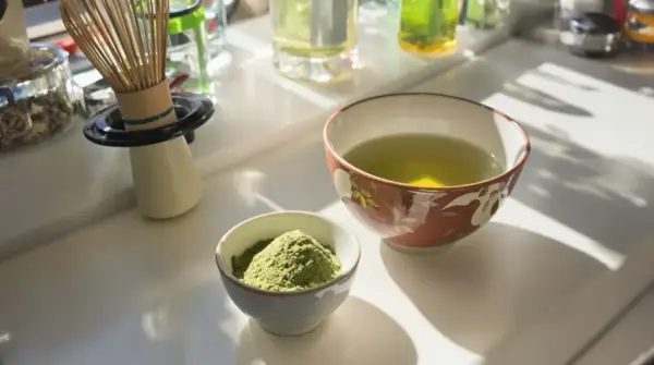 Zwei Schalen auf einem Tisch: eine mit grünem Pulver, die andere mit aufgebrühtem Sencha Tee. Die Wirkung von Sencha Tee ist belebend.