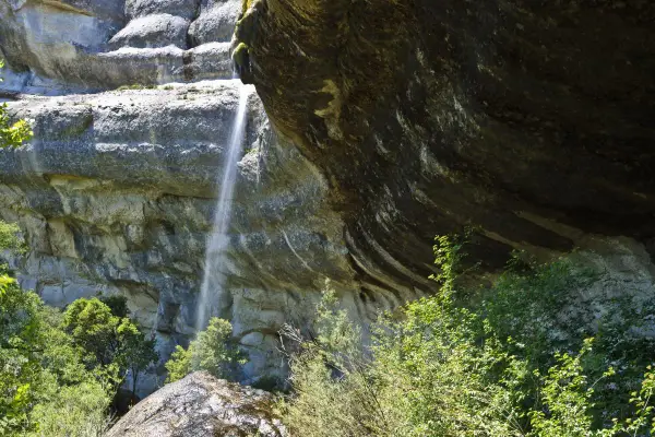 Una fina cascada de la mea cae por una pared rocosa, rodeada de vegetación exuberante y rocas cubiertas de musgo.