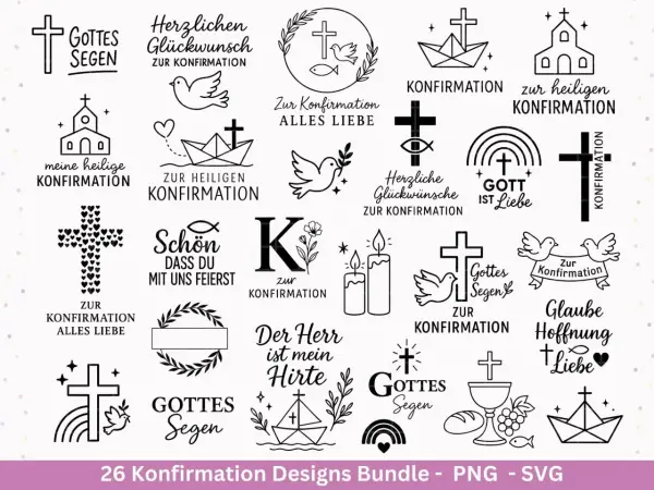 Viele evangelische Symbole für die Konfirmation: Kreuze, Tauben, Kirchen, Schiffe, Kerzen, Regenbogen, Kelch, Brot, Trauben.