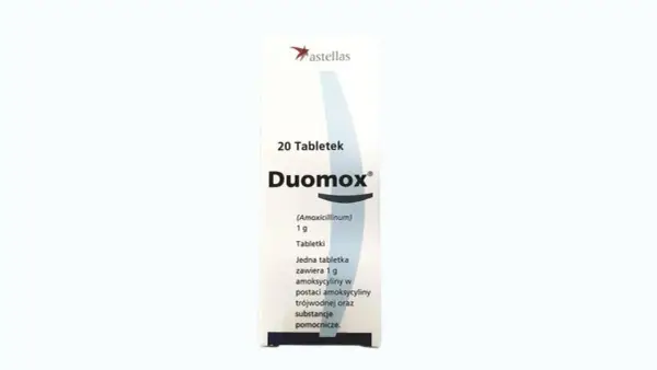Opakowanie leku Duomox, zawierające 20 tabletek po 1g amoksycyliny.