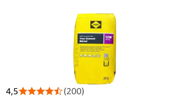 Gelber Sack SAKRET Trass-Zement-Mörtel (30 kg). Trass ist ein vulkanisches Gestein, das dem Mörtel besondere Eigenschaften verleiht.