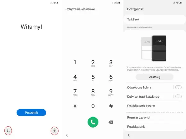 Konfiguracja telefonu: ekran powitalny, klawiatura numeryczna i ustawienia dostępności, w tym opcje poprawy widoczności ekranu.