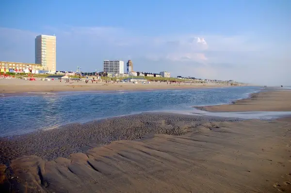 Piękny dzień nad morzem w Holandii. Piaszczysta plaża, spokojna woda i nowoczesne budynki w tle tworzą malowniczy krajobraz.