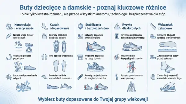 Porównanie butów dziecięcych i damskich: budowa, kształt, stabilizacja, ryzyko dla dorosłych, wskazówki zakupowe. Poznaj części buta i nazwy.