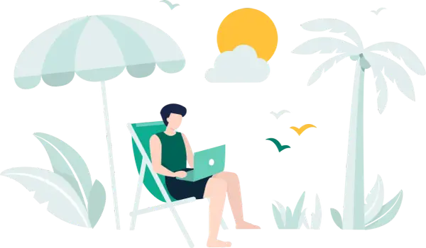 Mężczyzna pracuje na laptopie pod parasolem plażowym, marząc o wakacjach od ZUS 2026. Palmy i słońce dopełniają obraz.