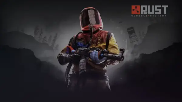 Postać w kombinezonie z bronią, gotowa do walki w świecie Rust. Ciesz się możliwością **Rust crossplay** na konsolach!