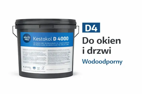 Wiadro z klejem do drewna na zewnątrz Kestokol D 4000, klasa D4, wodoodporny, idealny do okien i drzwi.