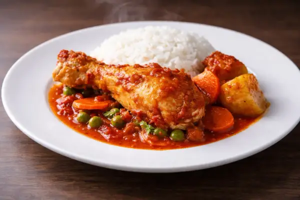 Estofado de pollo con arroz blanco, zanahorias y guisantes en una salsa roja.