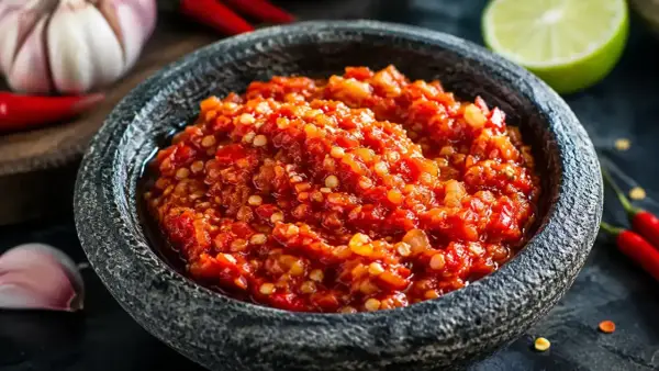 En skål med kryddig sambal oelek sås, omgiven av färska chilifrukter, vitlök och en limeklyfta. Perfekt för att ge hetta till maten.