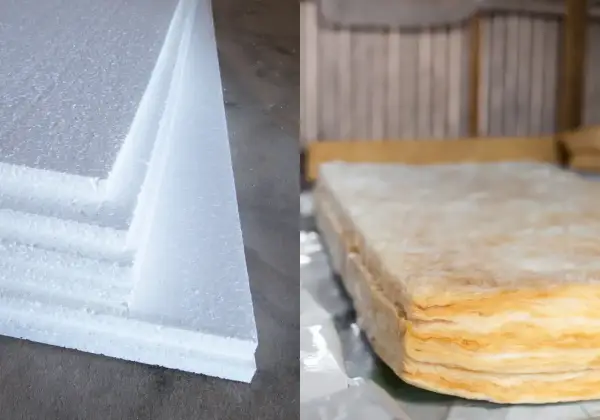 Białe płyty styropianu obok warstwowej wełny mineralnej. Wybór materiału izolacyjnego: wełna czy styropian?