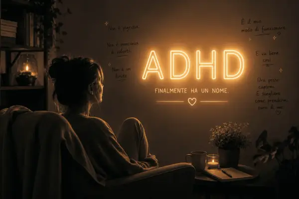 Donna seduta riflette su "ADHD Finalmente ha un nome". Non è pigrizia, ma il suo modo di funzionare. Ora si capisce e si prende cura di sé.