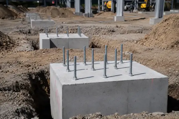 Solidne fundamenty z żelbetonu z wystającymi śrubami czekają na konstrukcję.