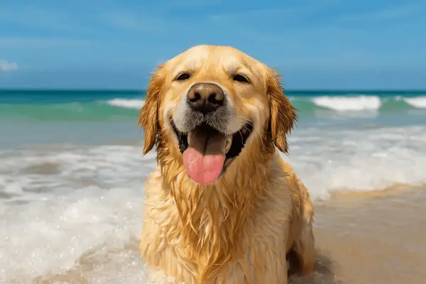 Golden retriever felice in acqua, con la lingua fuori. Chissà a quanti mesi posso portare il cane al mare per godersi questa gioia!