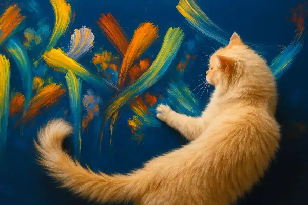 Un chat roux, artiste peintre, touche une toile abstraite aux couleurs vives.