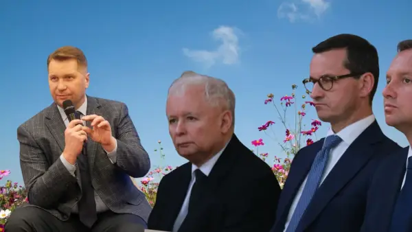 Przemysław Czarnek, Jarosław Kaczyński i Mateusz Morawiecki na tle kwiecistej łąki. Czy to właśnie Czarnek budzi emocje wewnątrz ugrupowania?