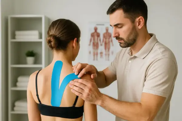 Fizjoterapeuta pokazuje pacjentce, jak odkleić tejpy z ramienia.