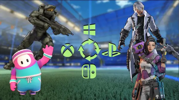 Gry cross play Xbox PC: Master Chief, Fall Guy, Dante i Ash z Apex Legends na tle stadionu.