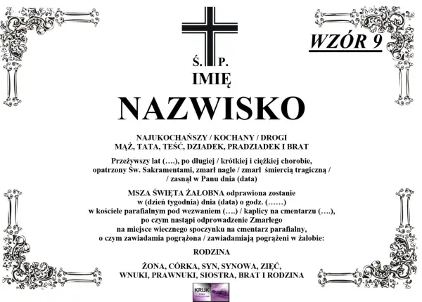 Wzór nekrologu z krzyżem i ozdobnymi ramkami. Informacje o zmarłym, mszy żałobnej i pogrzebie. Czas życia jak klepsydra.
