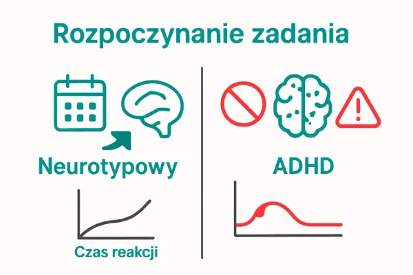Rozpoczynanie zadań: neurotypowi vs ADHD. Grafika ilustruje różnice w reakcji mózgu, sugerując, że dysortografia może wpływać na czas reakcji.