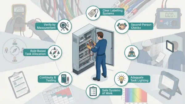 Ilustracja przedstawia elektryka pracującego przy panelu sterowania, z ikonami symbolizującymi bezpieczne procedury, takie jak weryfikacja pomiarami, jasne oznakowanie, kontrola dwuosobowa i odpowiednie oświetlenie. Różne **kolory faz** kabli są widocz...