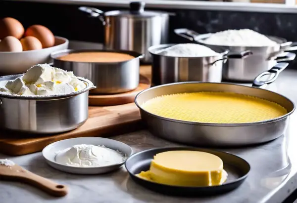 Différents types de moules à pâtisserie sont prêts pour la création de desserts. On y voit des ingrédients comme des œufs, de la farine et de la crème.