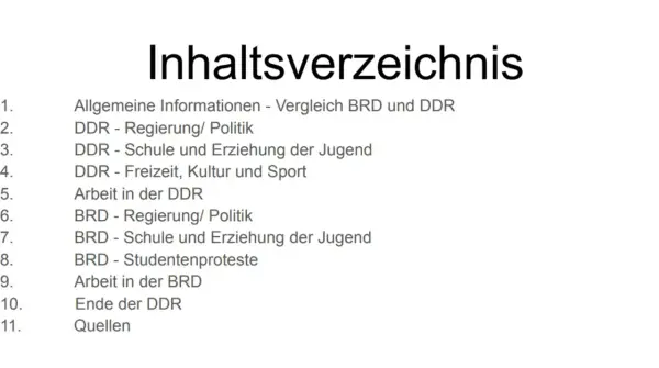 Inhaltsverzeichnis mit Vergleich von BRD und DDR, Themen wie Politik, Schule, Arbeit und Studentenproteste werden beleuchtet.