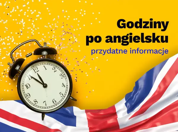 Budzik pokazuje 11:55. 5pm jaka to godzina? Dowiedz się, jak mówić o czasie po angielsku. Flaga Wielkiej Brytanii i gwiazdki.