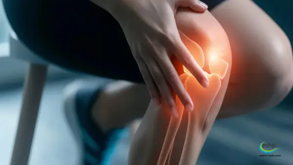 Eine Hand berührt ein Knie, das rot leuchtet, was auf knie schmerzen hindeutet.