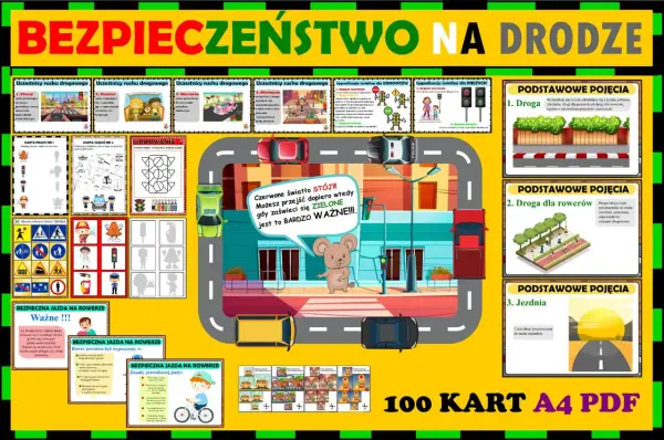 Ilustracja edukacyjna "Bezpieczeństwo na drodze" z zasadami ruchu drogowego dla dzieci, sygnalizacją świetlną i znakami.