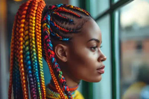 Coiffure cheveux bouclés avec tresse arc-en-ciel, une jeune femme regarde par la fenêtre.